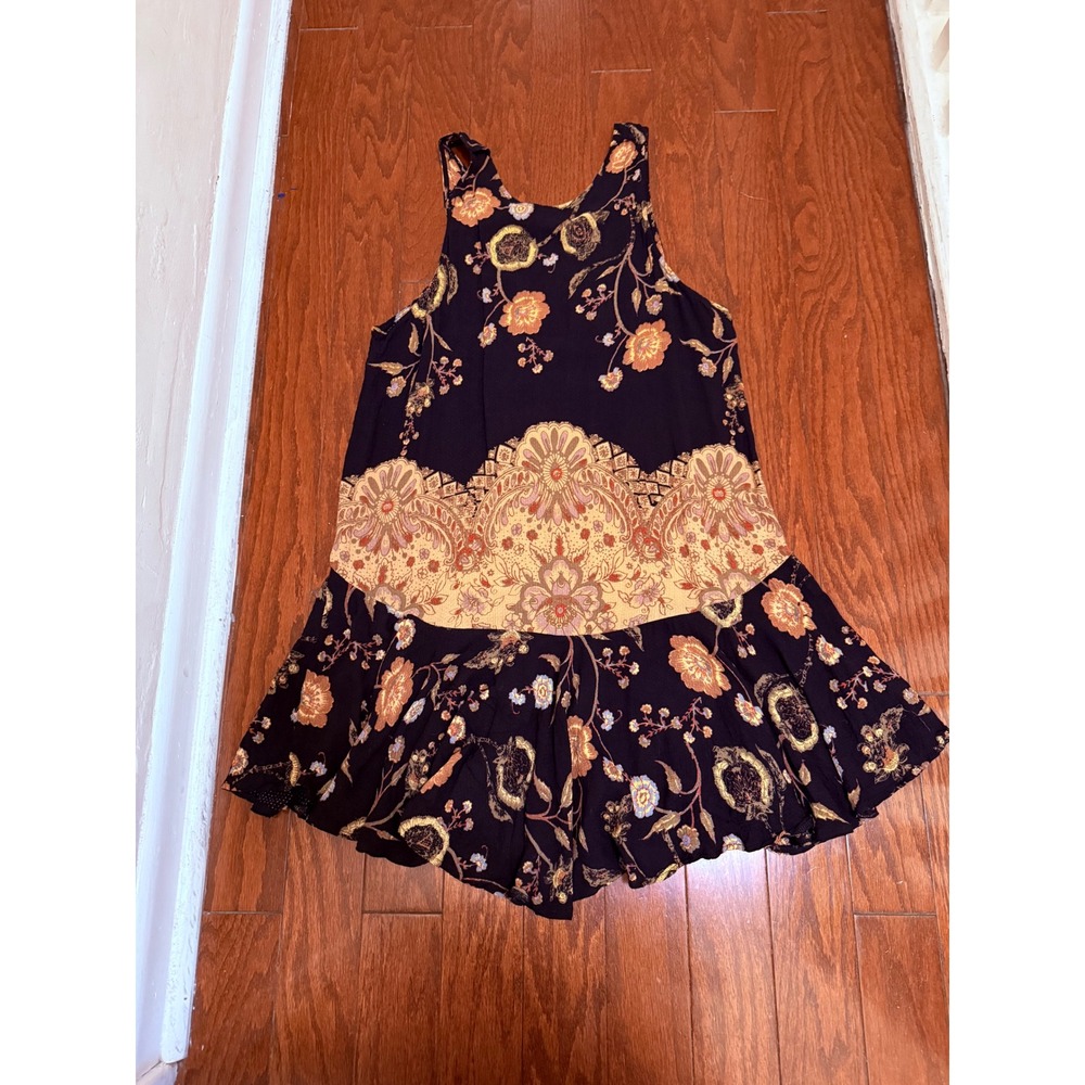 Intimately Free People Floral Paisley Ruffle Mini Slip Dress Navy‎ Orange Small